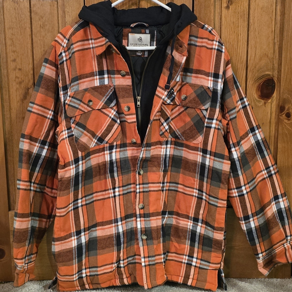 Men's Legendary Whitetails Orange/Black Plaid Flannel Jacket with Hood-Sz Large